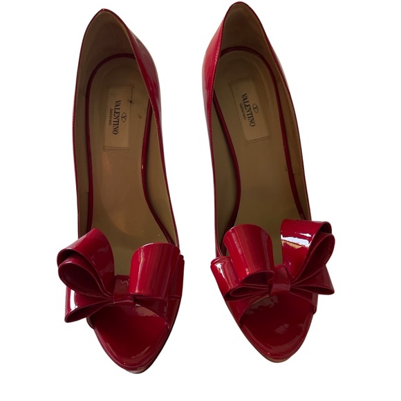 Valentino Garavani Peep Toe Bow Pin Up Heels Red - Picture 4 of 9